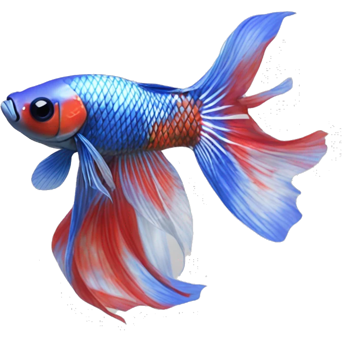 A Koi Betta with a marbled pattern of red, white, and metallic blue. Its long, flowing fins mirror the vibrant body, with a shimmering blue iridescence emoji