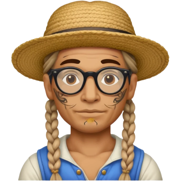 very tattoed face, normal glassess, fat venice gondolier with iconic hat and thick braided hair emoji