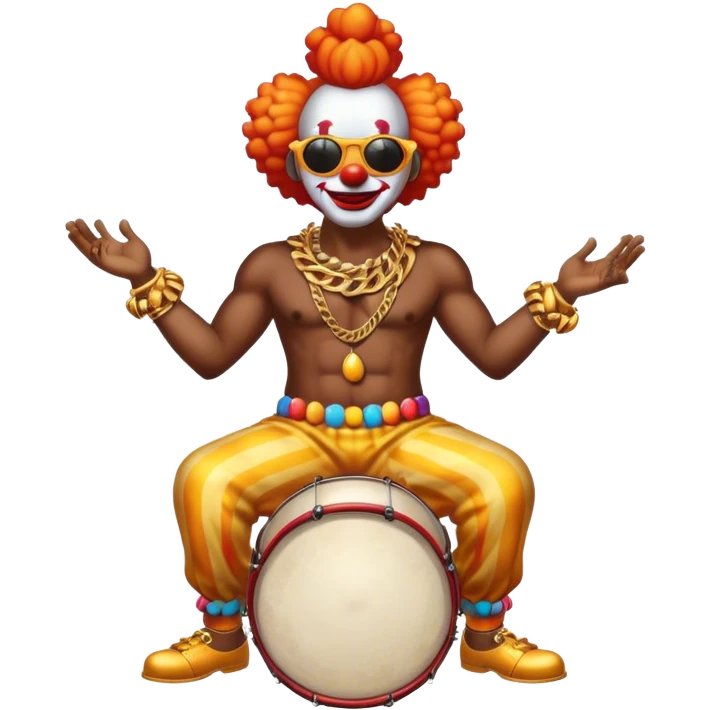 Clown with big golden chain on the neck wearing sunglasses plays drums full height emoji
