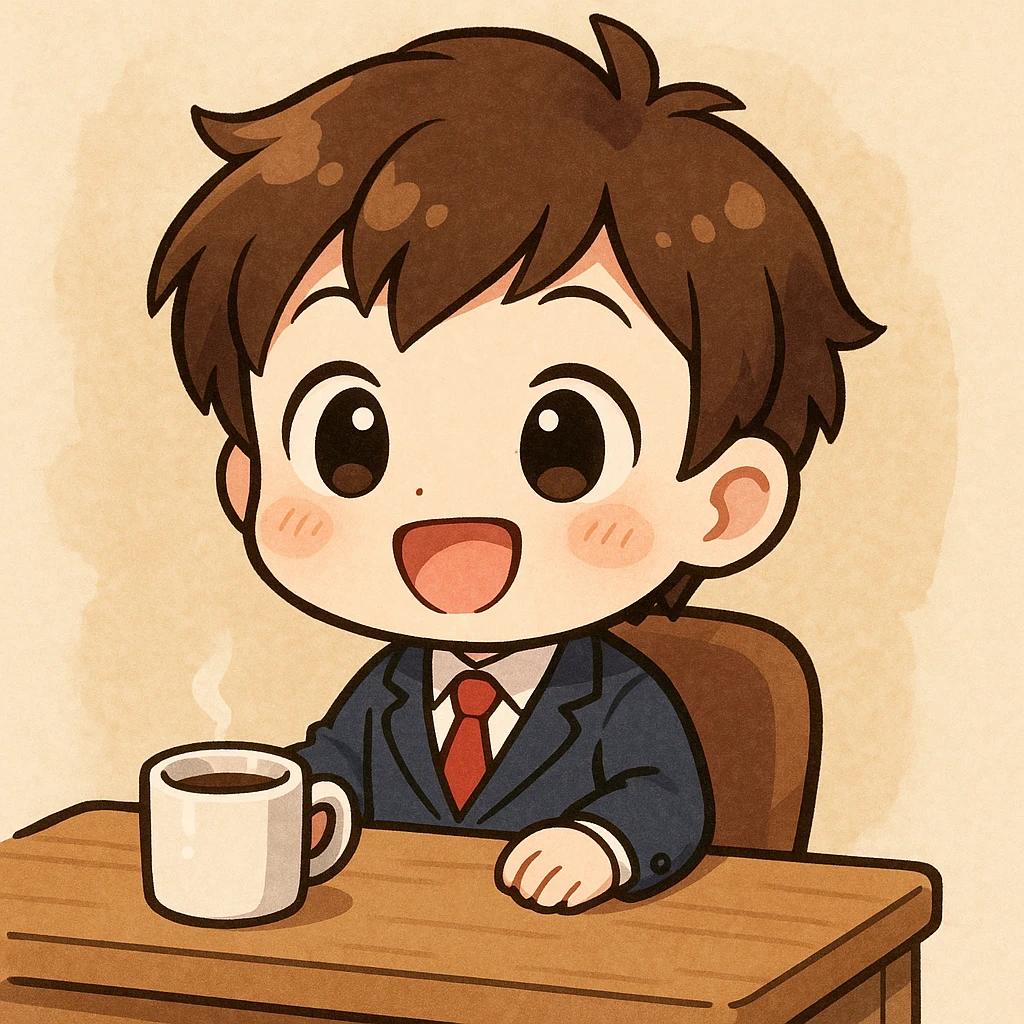 chibi character at a desk with a coffee mug, cheerful expression, chibi style emoji