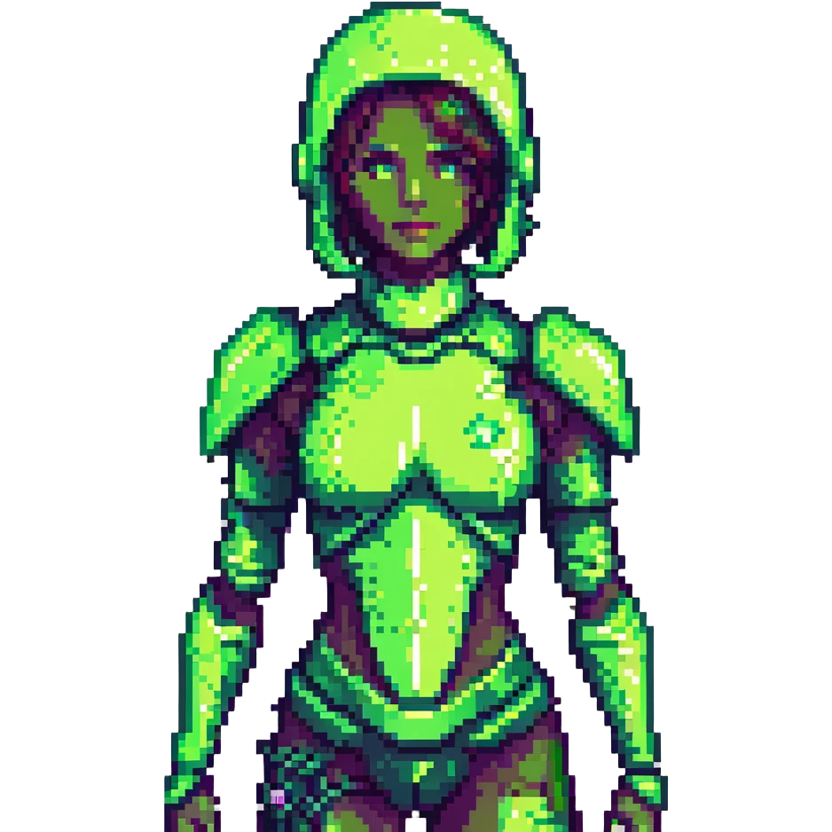 Enlarge the pixel art female space warrior, depict her as a HUD element with digital scan lines, glowing green to indicate full health, keep the original pixel art style. emoji