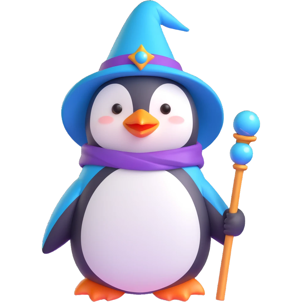 cute penguin wizard, magical staff, wearing a wizard hat, fantasy emoji