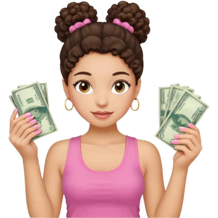 Uma menina com o cabelo cacheado com um Coque com baby hair morena, e com uma regata rosa com unha em gel,e com dinheiro na mão , emoji