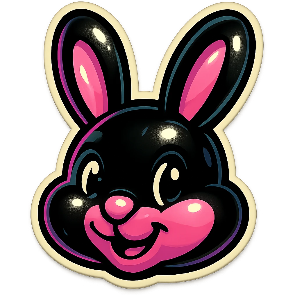 black and pink bunny face, cute and expressive, vintage sticker look emoji