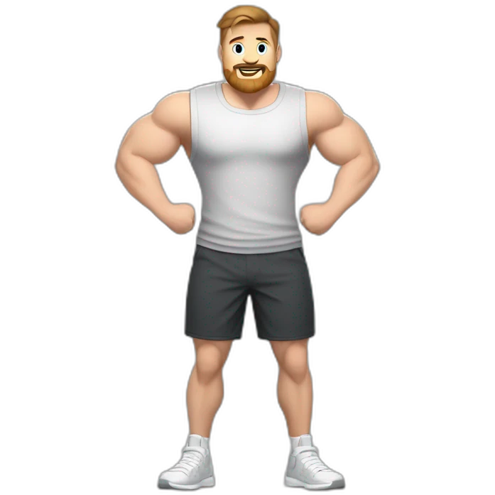 Full height Actively gesturing  with hands Pale skinned Fit Man With the biceps and brown hair in dark gray Sleeveless Mike, black oversize sports shorts, watch and white Sneakers emoji