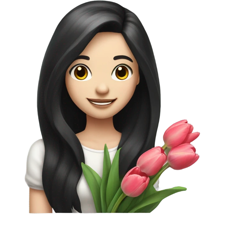 Smiling girl, long black hair with bans, holding a branches of tulip, pale skin emoji