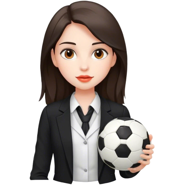 pale girl with soft and long dark brown hair and dark brown eyes, coral colored lip, Holding a soccer ball, Wearing formal black blazer and white sleeveless inside emoji