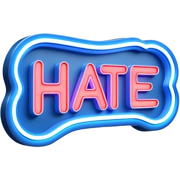 Blue neon sign with the word hate emoji