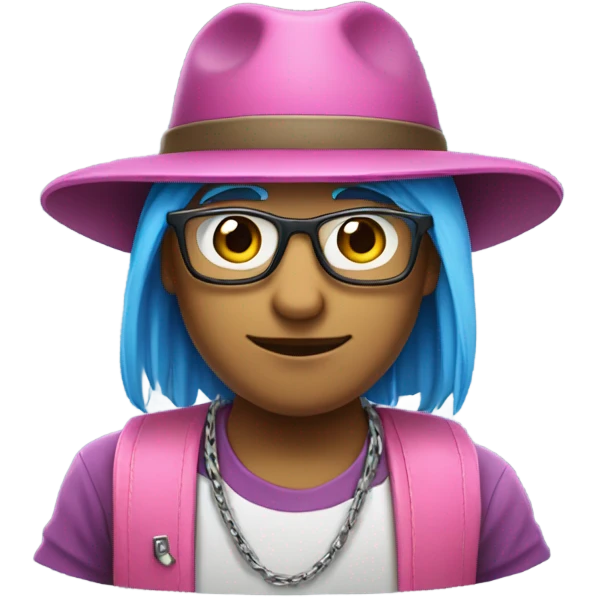 cool young IT specialist in a Panama hat, glasses and a chain. blue hair, pink t-shirt emoji