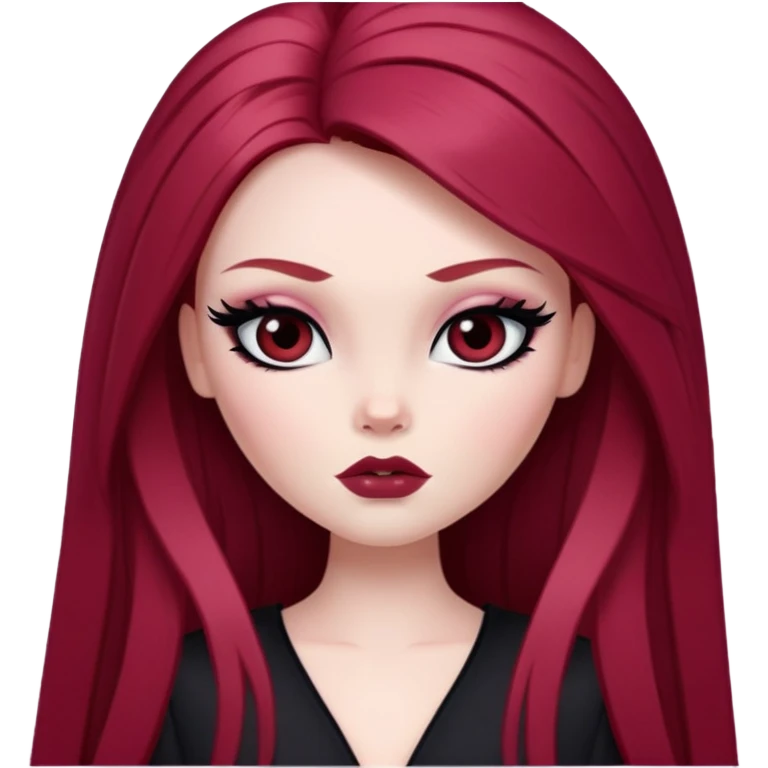 straight long wine red hair, pale skin, dark black eyes, pretty bratz baddie, black eyeliner, blush emoji