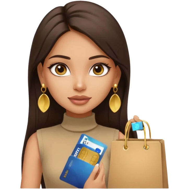 a pretty bratz fair indian girl wearing a beige sleeveless turtleneck, golden earrings, straight ling hair, holding bank cards, dark brown hair, carrying shopping bags emoji