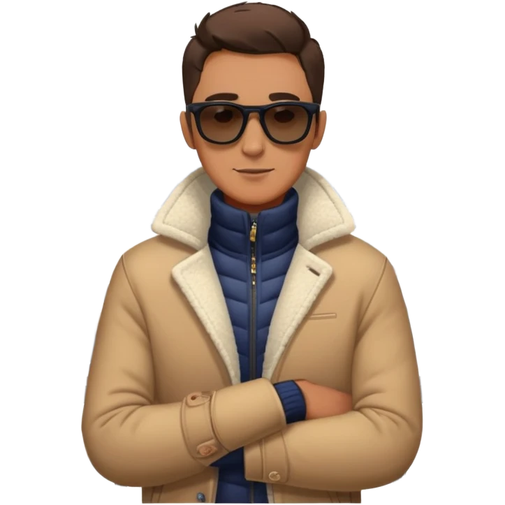 guy on balcony in winter with open jacket and sunglasses emoji