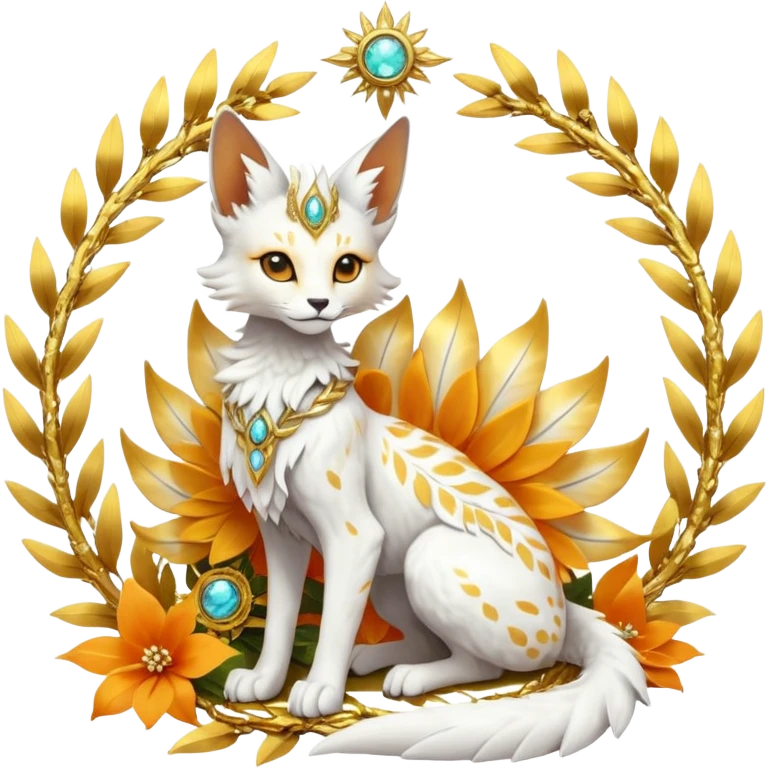 Epic complex fantasy glorious detailed futuristic divine godly angelic feathery sunny, white, albino, pastel, golden, orange glowing sparkly, realistic Fakémon-Sprigatito-Floragato-Meowscarada-Trico-Sergal-Serval-Solgaleo-Vernid-creature (full body) solarpunk, shiny sparkly with gold wreaths emoji