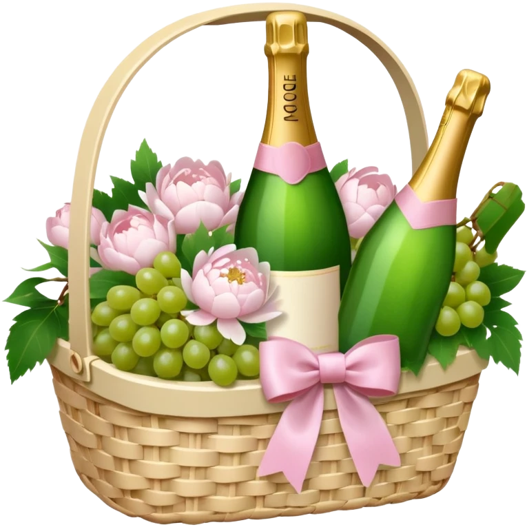 White Picnic basket with light pink bow, white peonies, grapes and one pink champage bottle inside emoji