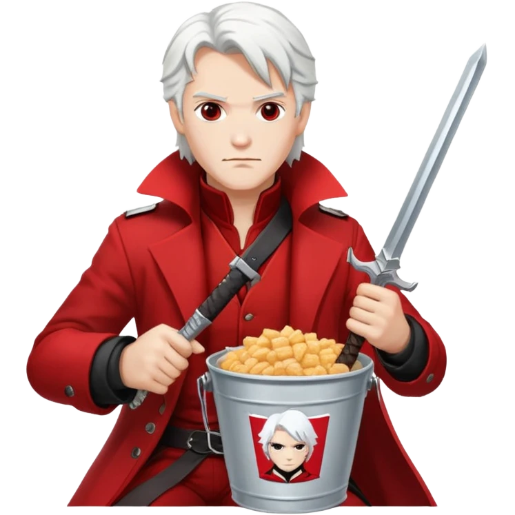 Dante from Devil May Cry sitting in a KFC bucket, red coat, white hair, rebellion sword emoji