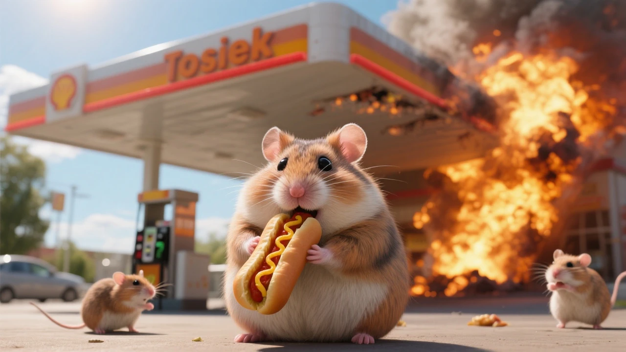 Cinematic still of A portrait of a fat hamster eating hotdog on gas station, gas station is in fire, other hamster fun away, sunny day, back light explosion , gas station named "Tosiek" (Realistic) emoji