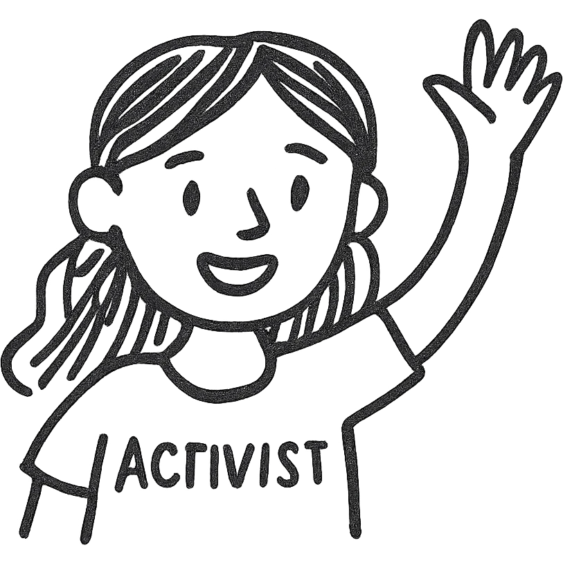 The face of an activist girl waving her hand in a blue T-shirt emoji