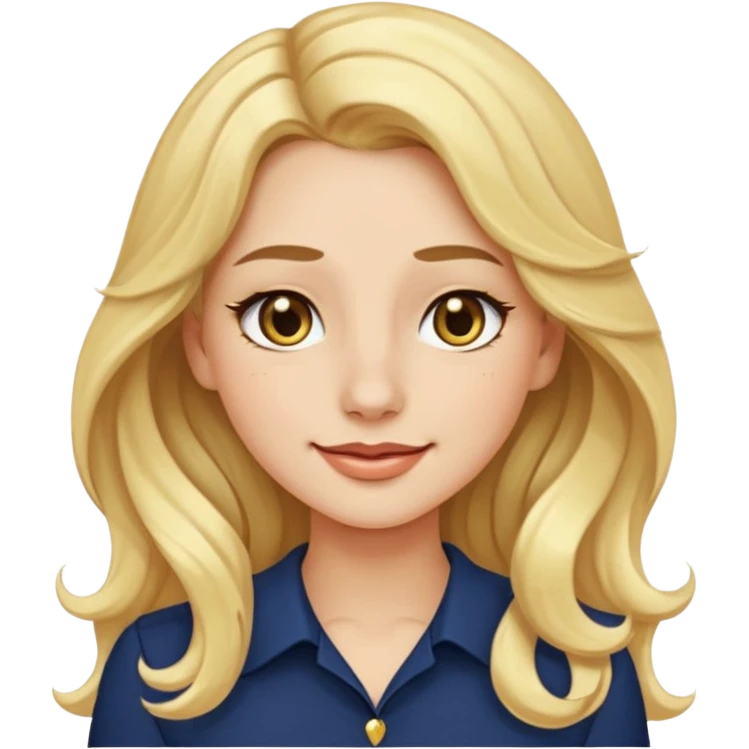 female with long wavy blonde hair, brown eyes, small gold nose stud, black eyeliner, navy blue blouse, emoji style, winking emoji