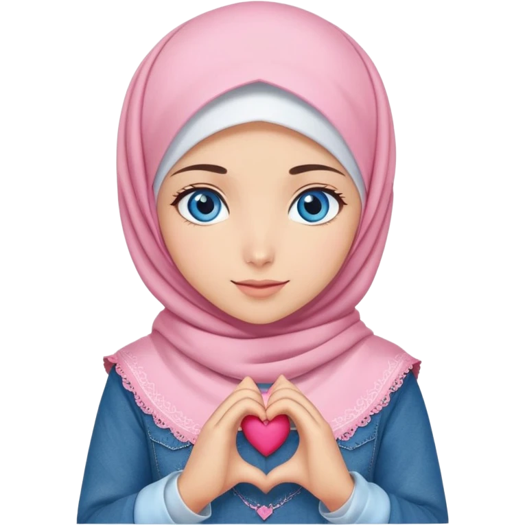 Turkish beautiful finish Konya girl blue eyes with denim pink hijab islamic dress and making heart with hands  emoji