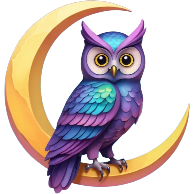 iridescent crescent moon with an owl sitting in the middle of it emoji
