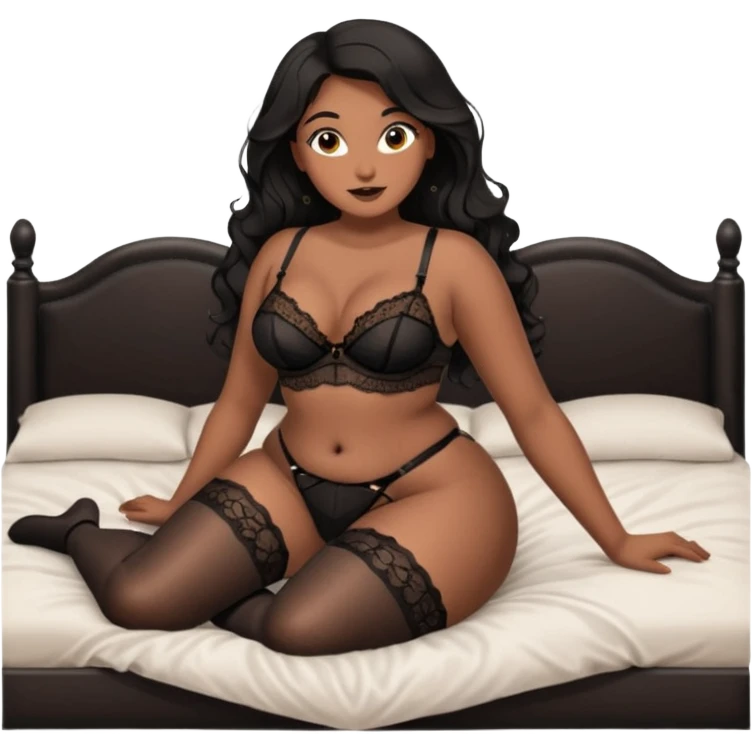 Curvy woman with brown skin with long wavy black hair, dark brown eyes. She's wearing a black lace lingerie, black lace thong, black stockings and suspender belt, the camera has a birds eye view of her laying on her back on a bed emoji