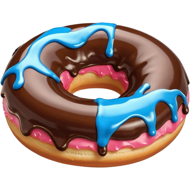 A doughnut with chocolate icing, blue colored drizzle across the top of the donut. emoji