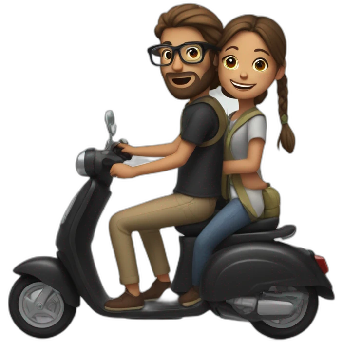 boy with long hair tied in a bun, beard, and glasses, riding a black scooter with a girl on the back emoji