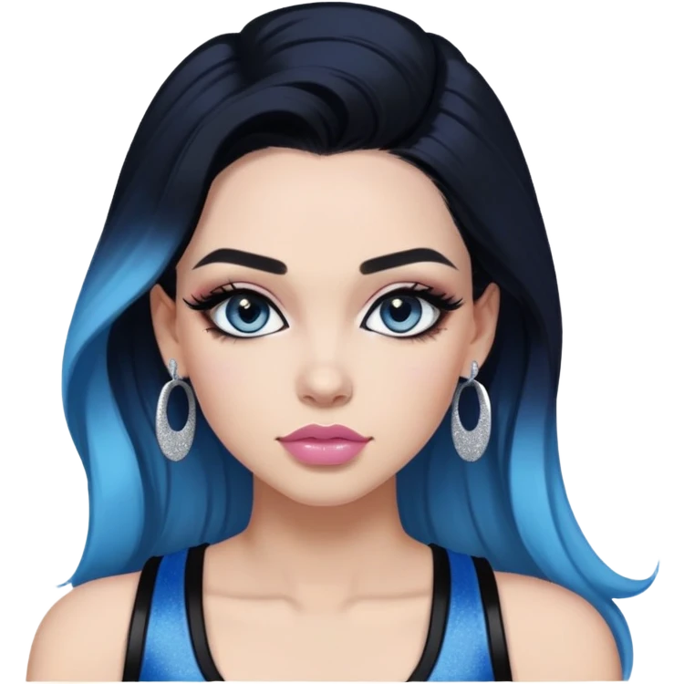 Top-half-body-Sultry-very-beautiful-face-light-pink-lips-long-straight-dark-blue-ombre-hair-and-blue-eyes-thick-black-eyeliner-really-thick-long-eye-lashes-sky-blue-superman-tank-top-with-glitter-and-silver-hoop-earrings emoji