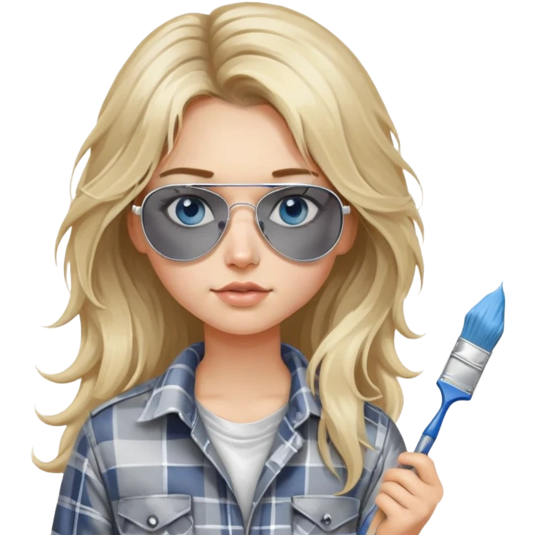 girl with long blond messy hair, wearing grey plaid shirt with blue eyes and aviator sunglasses wearing a ring on her silver necklace, holding a paint brush roller with white paint on her face emoji