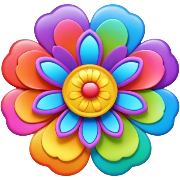 A round psychedelic colored button with bezeled edges and a rainbow colored 3D flower in the center emoji