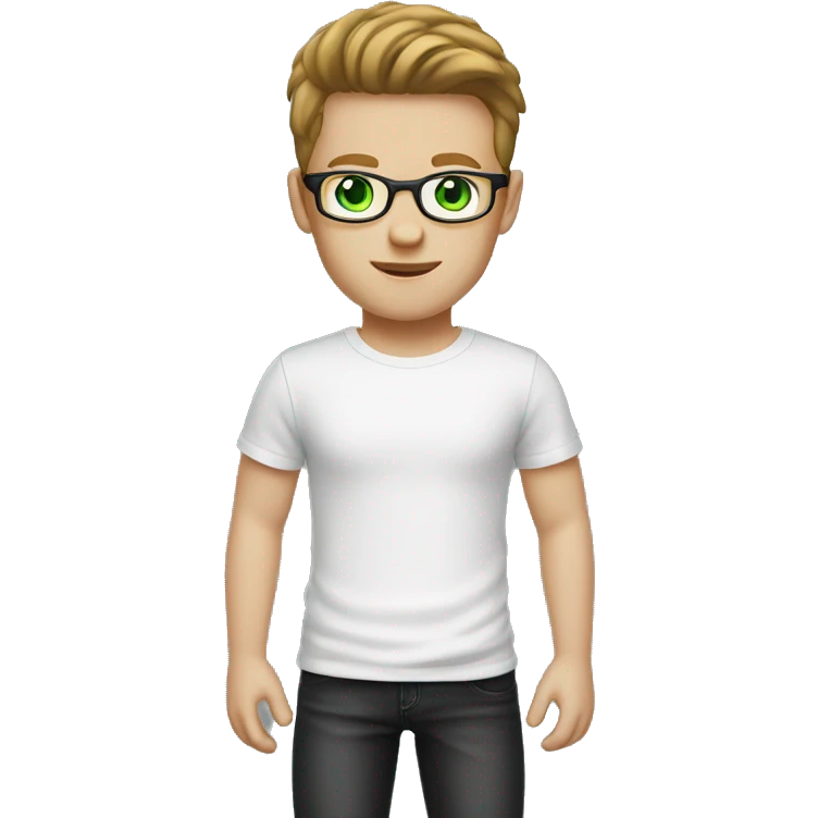 white boy with brown stray hair snd with glasses green eyes hair shaved on the sides white t-shirt and black jeans GREEN eyes emoji