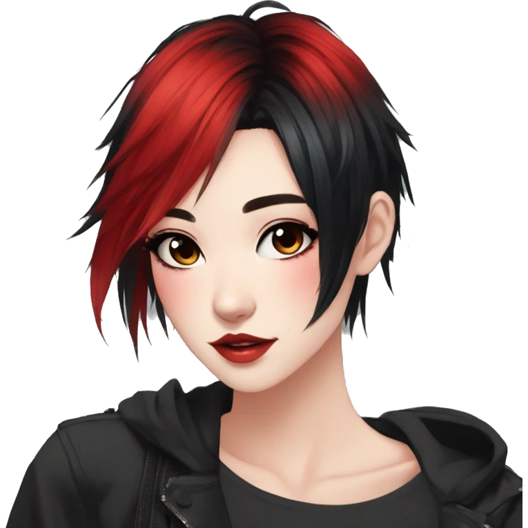 Gorgeous anime style lady with blushing face aesthetic and pretty edgy black red punk hair with hair garment trending style emoji