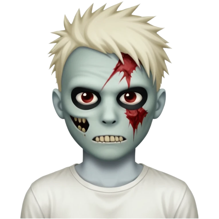 zombie boy with spiky emo hair and white shirt emoji and 

He wears an anonymous mask on half his face and has wounds on the other half. emoji