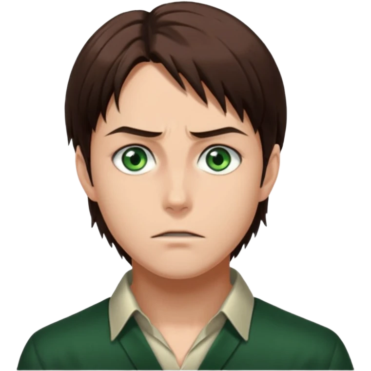 “Create an avatar that looks like Eren Yeager from Attack on Titan, Season 4 — sharp jawline, tied-back long brown hair, intense green eyes. No expression.  emoji