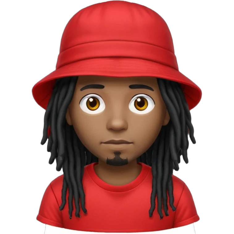 dark brown skin, black hair dreadlocks, wear red t-shirt, black bucket hat emoji