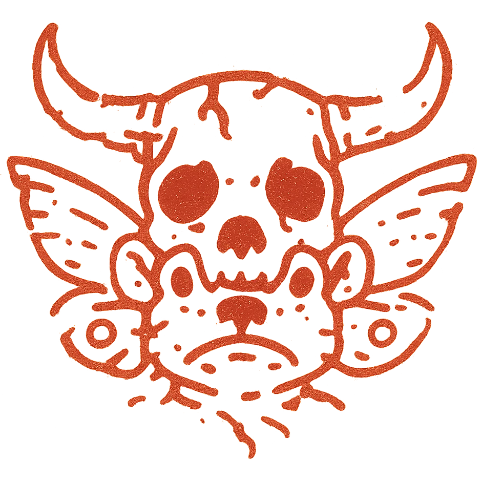 an extremely distressed red line art icon of a hybrid head with minotaur skull, stoat features, frog elements, and moth wings, with severely incomplete perimeter, numerous missing lines around the edges, parts appearing to fade away entirely, extremely weathered with large gaps, torn sections, and heavily eroded appearance, minimal thin red lines only emoji