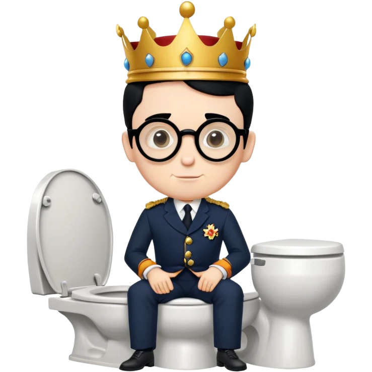 King Charles III with royal crown sitting on a toilet, wearing round glasses and black hair emoji