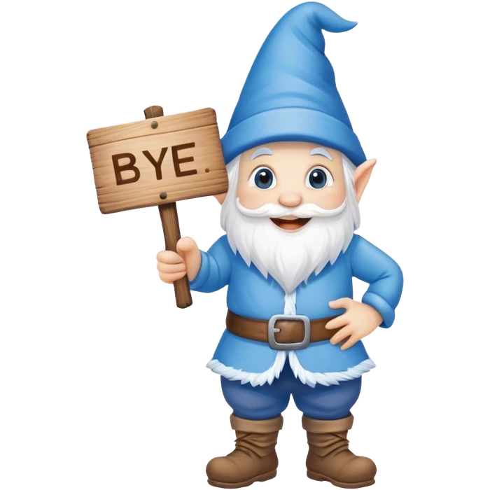 cute blue gnome with sign saying bye! emoji