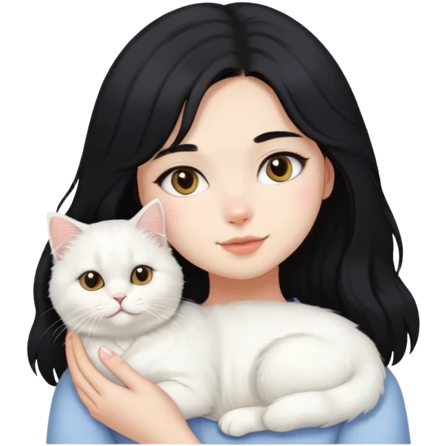 black hair girl with white British Longhair cat emoji