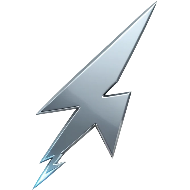 A lightning bolt emoji made of polished silver chrome, sharp yet rounded edges, glossy metallic surface, soft reflections, minimal futuristic design, iOS emoji style, centered, clean white background emoji