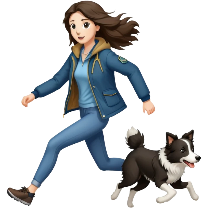 A beautiful tall girl with fair skin and long hair wearing a jacket and running with a Border Collie emoji