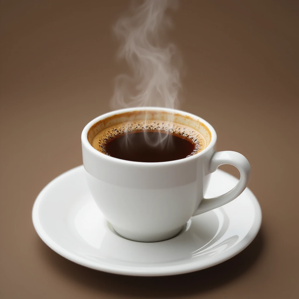 realistic espresso cup with rich brown coffee in white ceramic cup, steam rising emoji