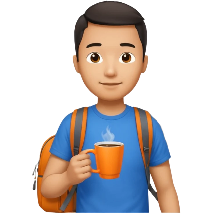 an asian man in blue t-shirt with orange cup of coffee and backpack on the back. Eiffel tower on the background. shoulder length picture emoji