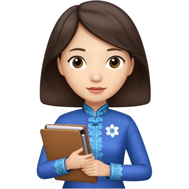 Teacher emoji but : wavy dark brown hair, light skin, no glasses, dark eyes, with a computer folder in the hand, being a teacher, wearing a chinese qipao (brown & blue) 

 emoji