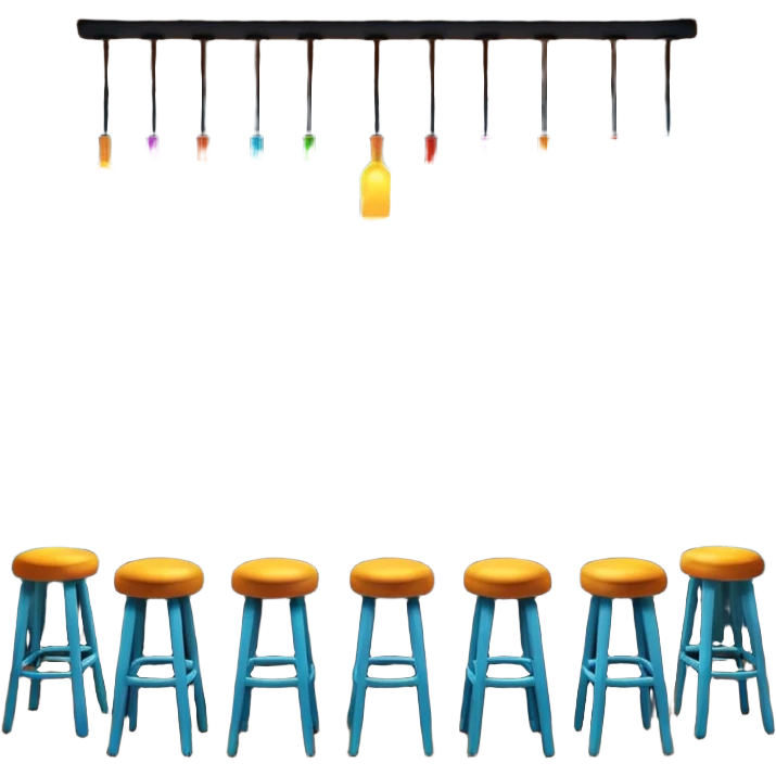 A 3D cartoon bar interior with a counter, glowing shelves of colorful bottles, tall stools, and hanging lights, warm ambient lighting, realistic reflections, Memoji-style.Frame emoji