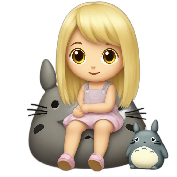 bébé fille blonde décoiffée assise avec une peluche Totoro  emoji