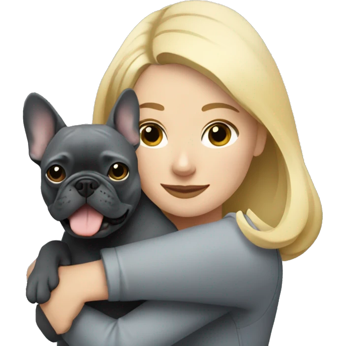 Blonde woman hugging dark gray french bulldog emoji