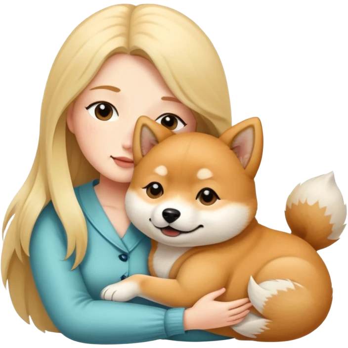 A long-haired white woman hugs a Shiba Lnu dog emoji