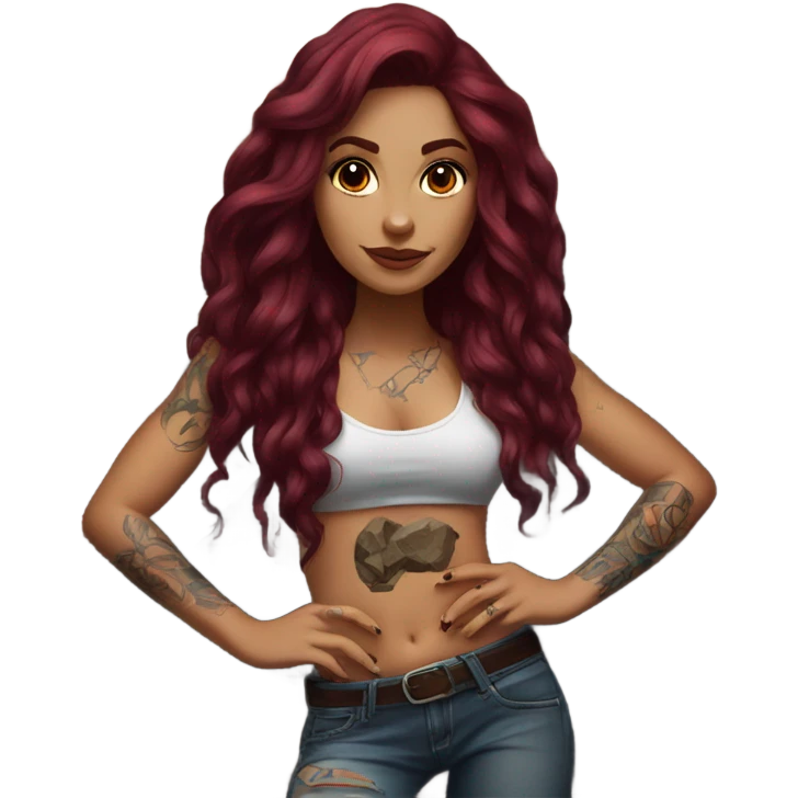 Beautiful tattooed woman long burgundy hair climbing rocks emoji