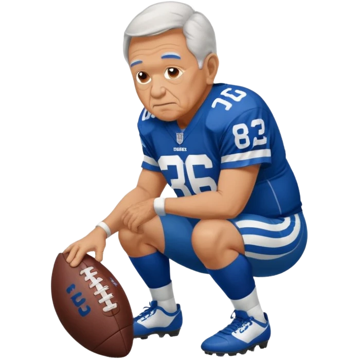 A grandpa playing football wearing an Indianapolis Colts jersey is. Show him kind of crouch down to the ground, holding the football and the name rivers on the back of his jersey. emoji